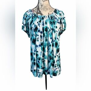 Style & Co. Chic Vibrant Blue and White patterned Top Gathered Neckline- Size L